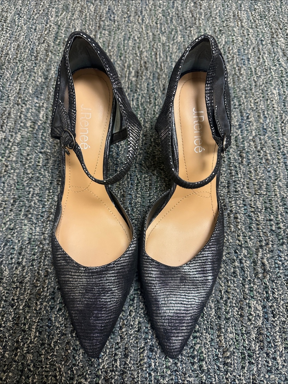 J.Renee Black Shimmery Pointed-Toe Ankle-Strap Heels